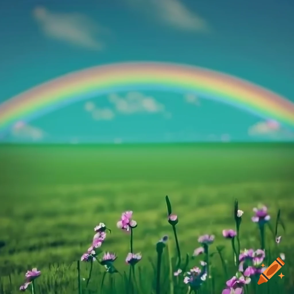 colorful field with flowers and a rainbow