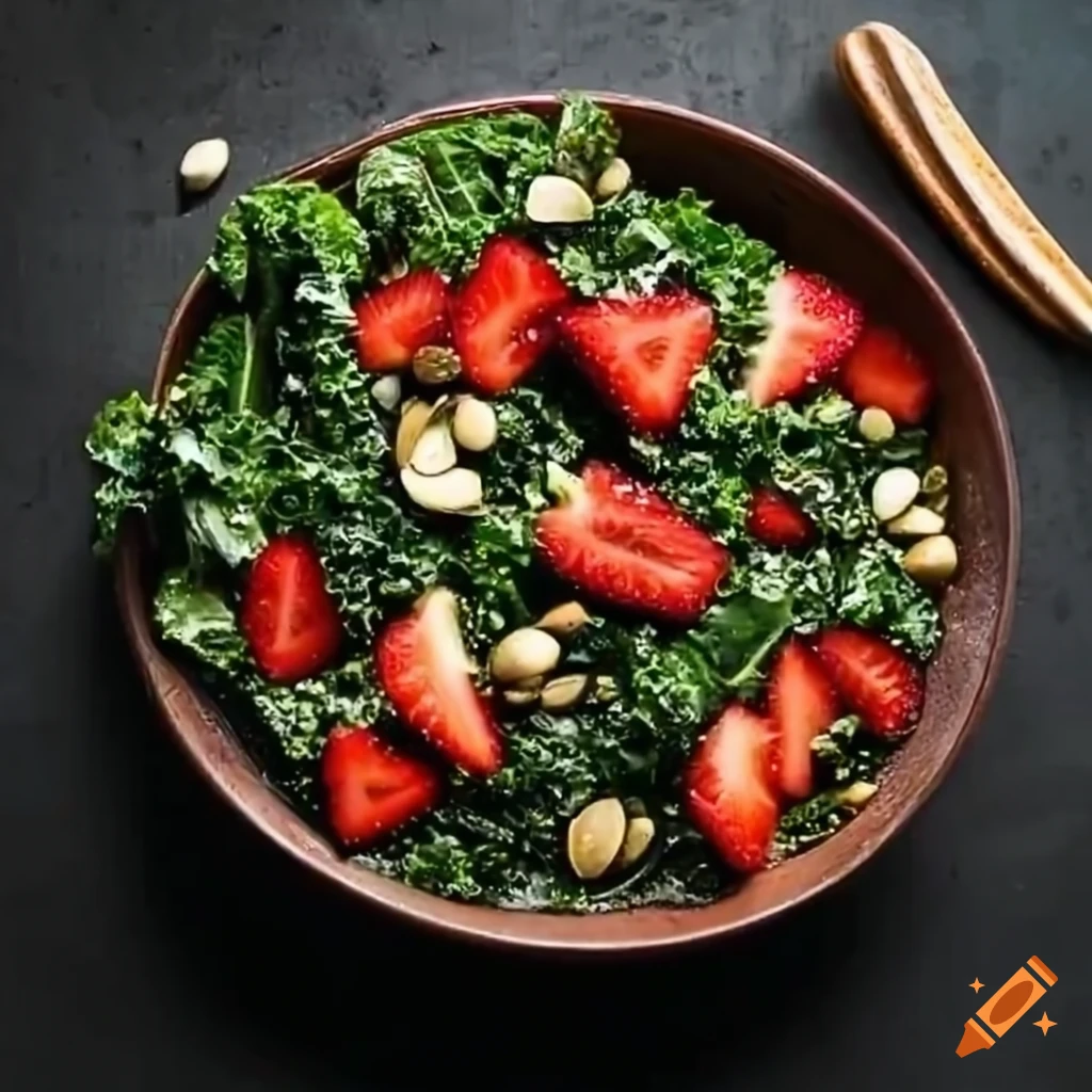 kale strawberry salad with pumpkin seeds and balsamic dressing