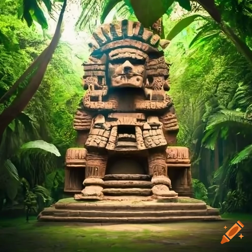 Gigantic aztec statue in a tropical forest