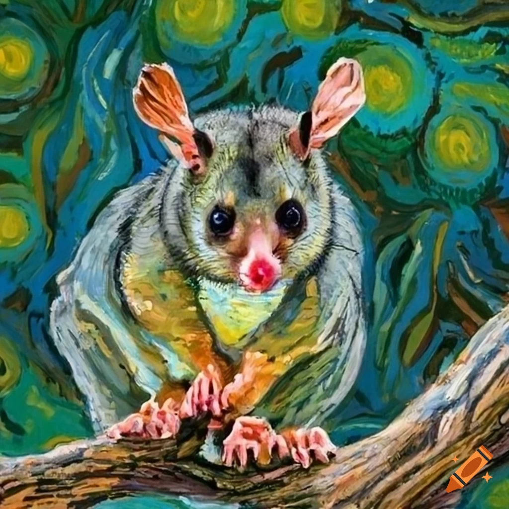 Van goghstyle painting of a brushtailed possum eating a nut on Craiyon