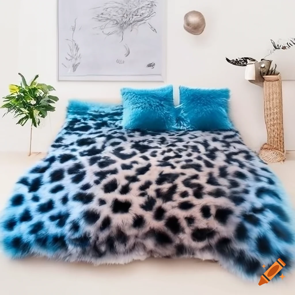 blue and silver leopard print fur blanket