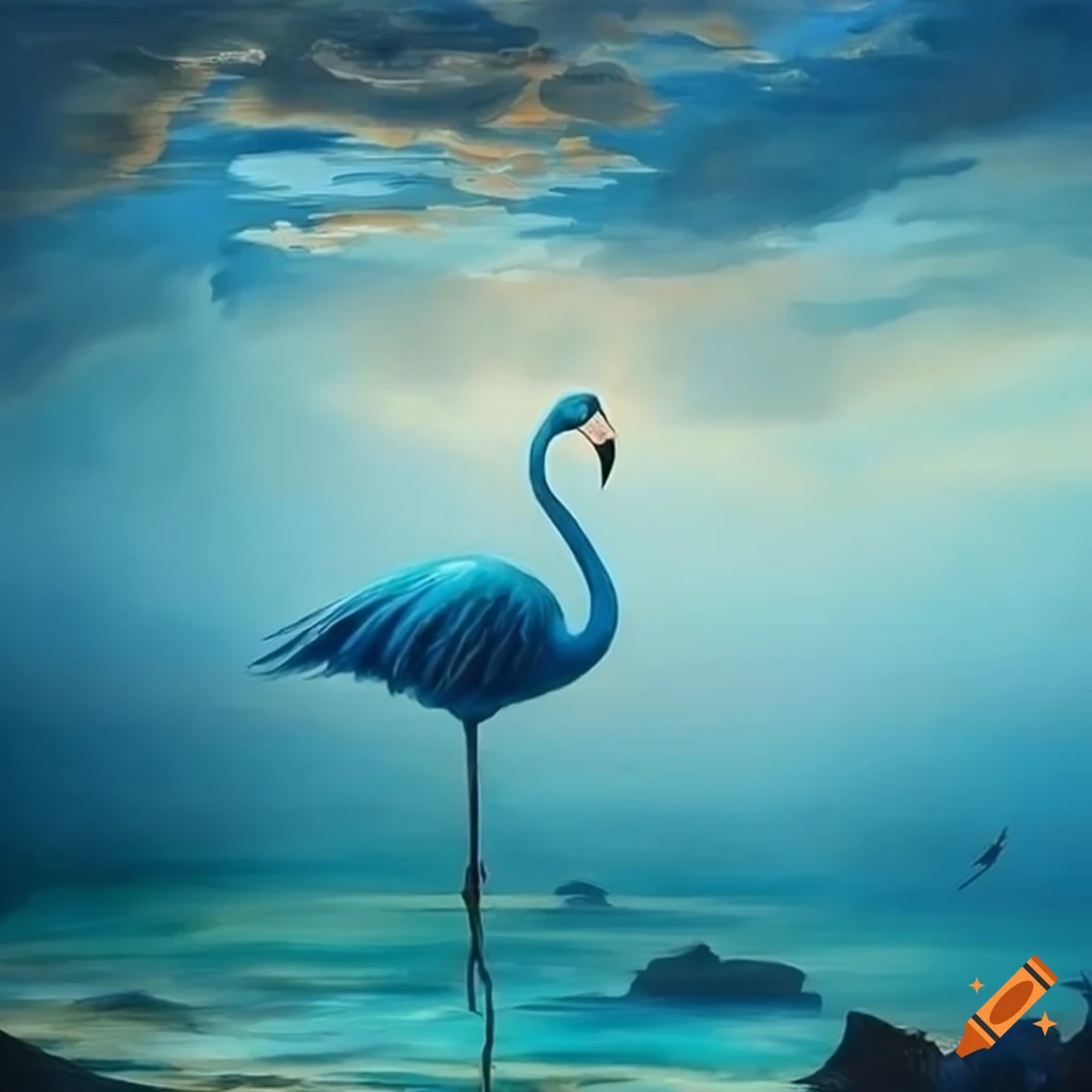 Painting of a blue flamingo with ocean backdrop on Craiyon