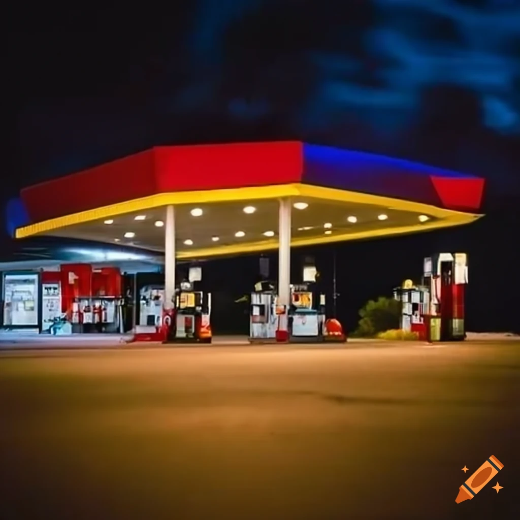 Night view of a gas station under a single light on Craiyon