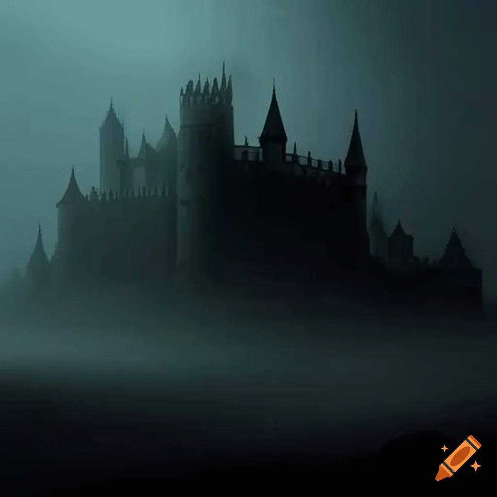 Eerie castle covered in mist on Craiyon