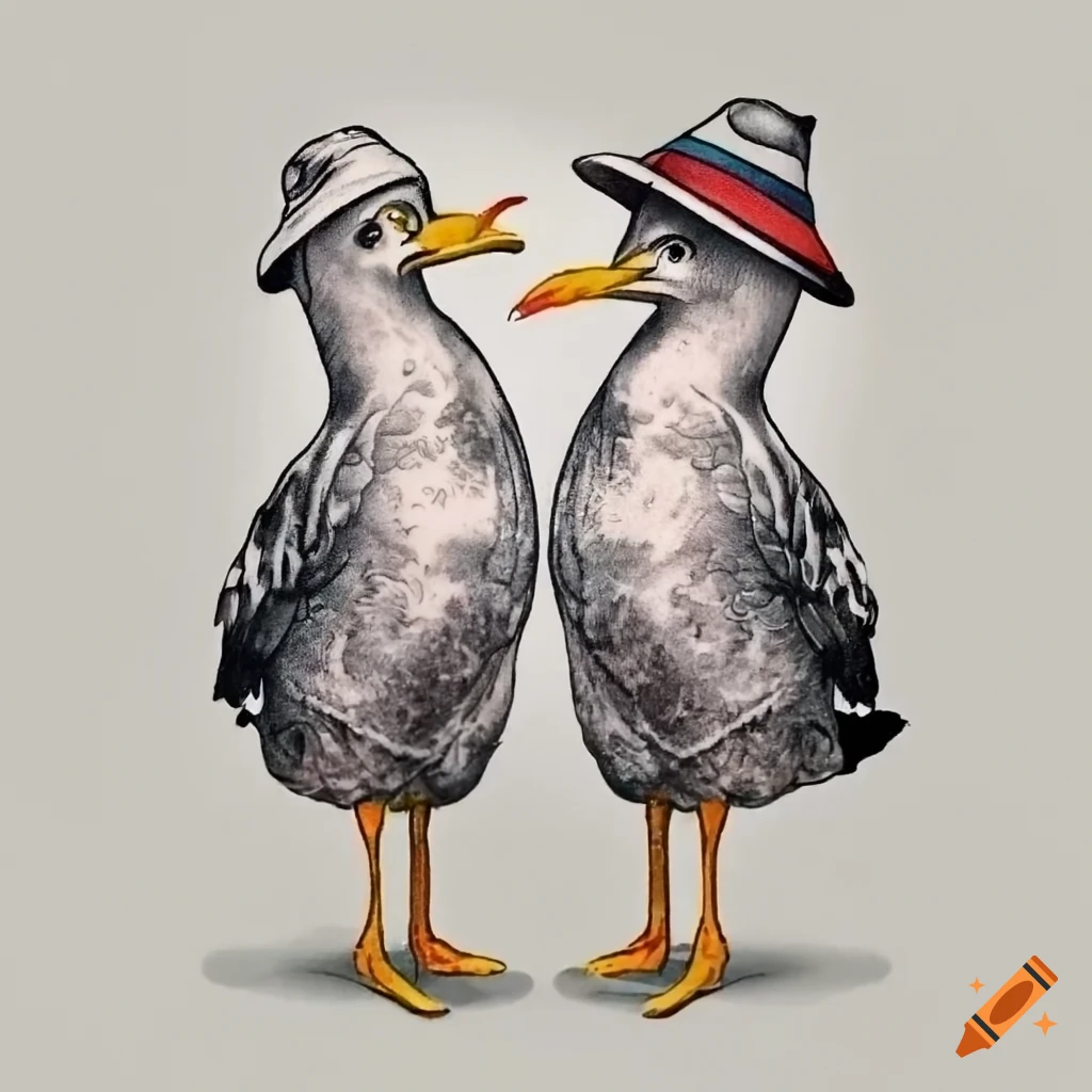 black and white tattoo-style seagulls with hats