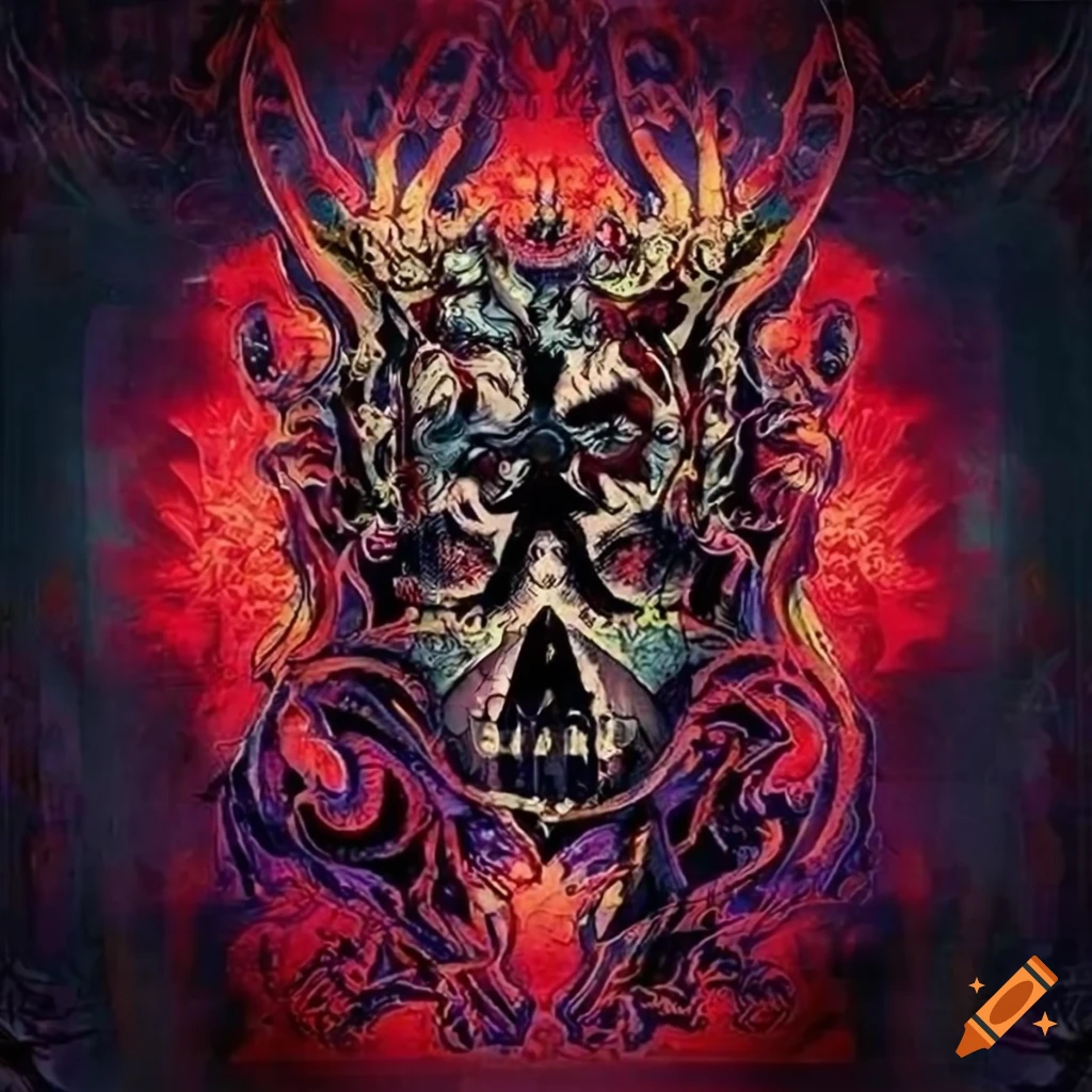 Psychedelic heavy metal logo on a flying carpet on Craiyon