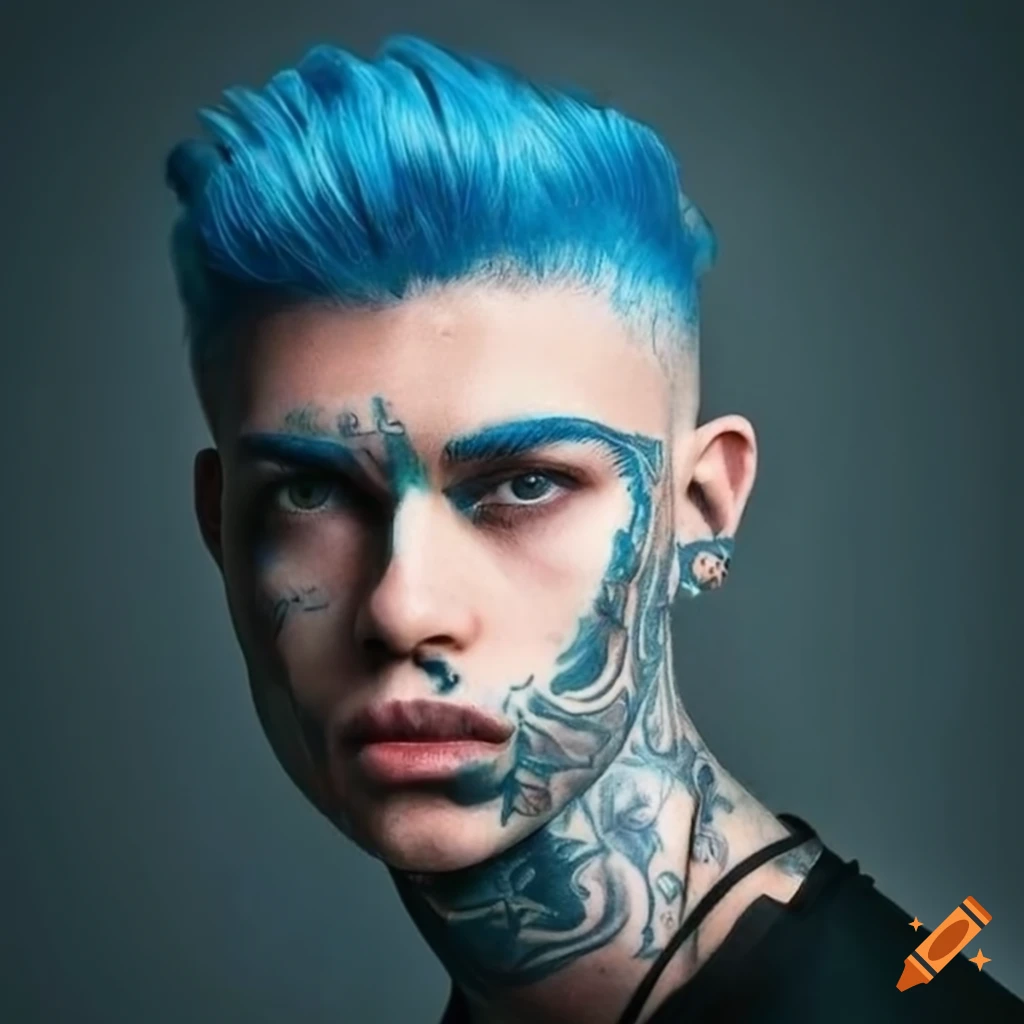 Man with blue hair and face tattoo on Craiyon
