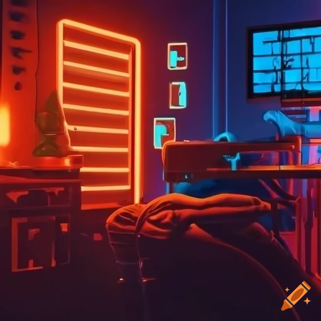 Hi tech Gamer In Neon lit Coffee Shop On Craiyon