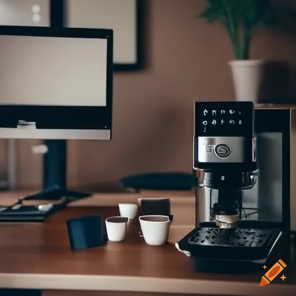 Office room with computers and a coffee machine on Craiyon