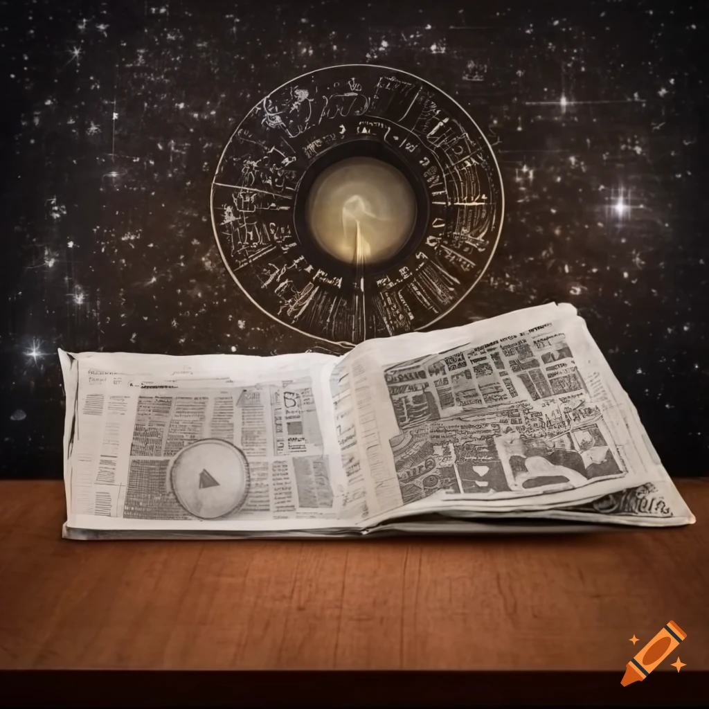 Horoscope newspaper on a table under a starry sky on Craiyon