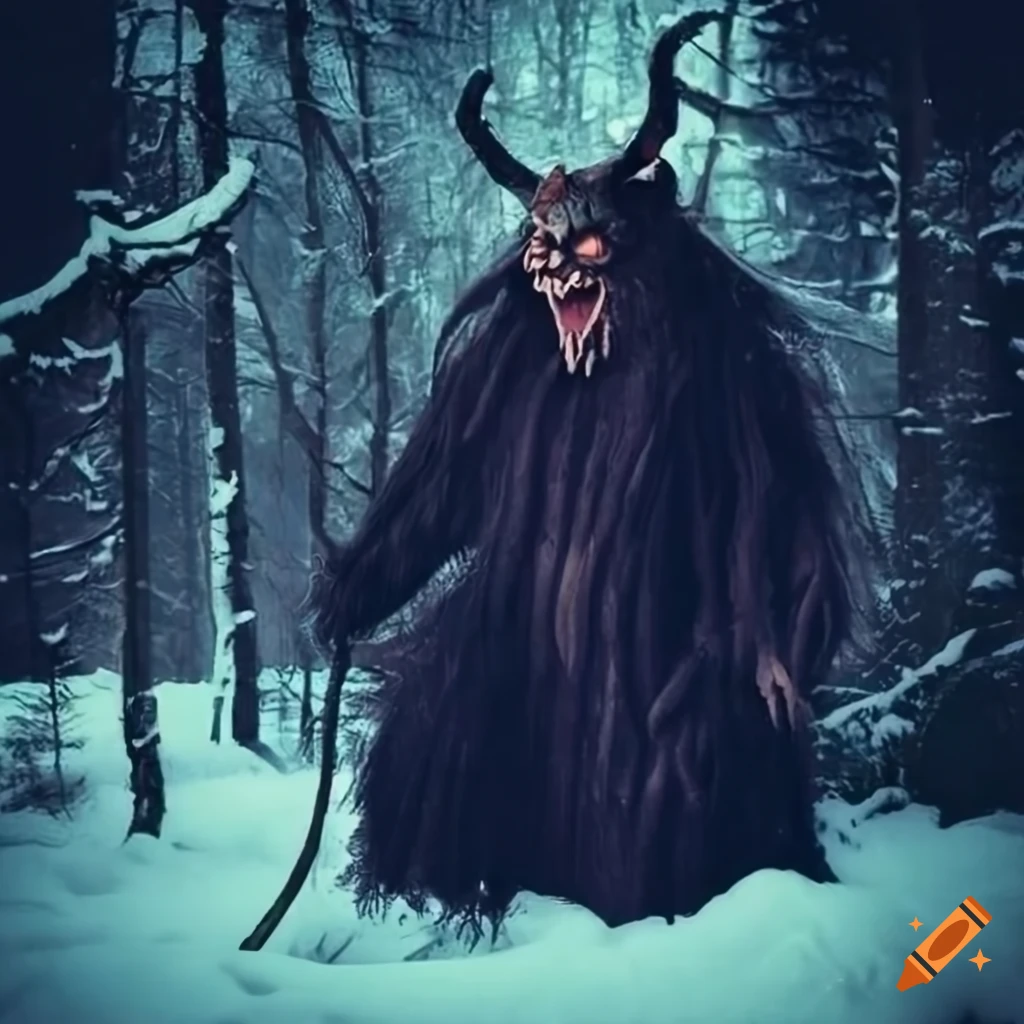 vintage picture of Krampus in a snow forest