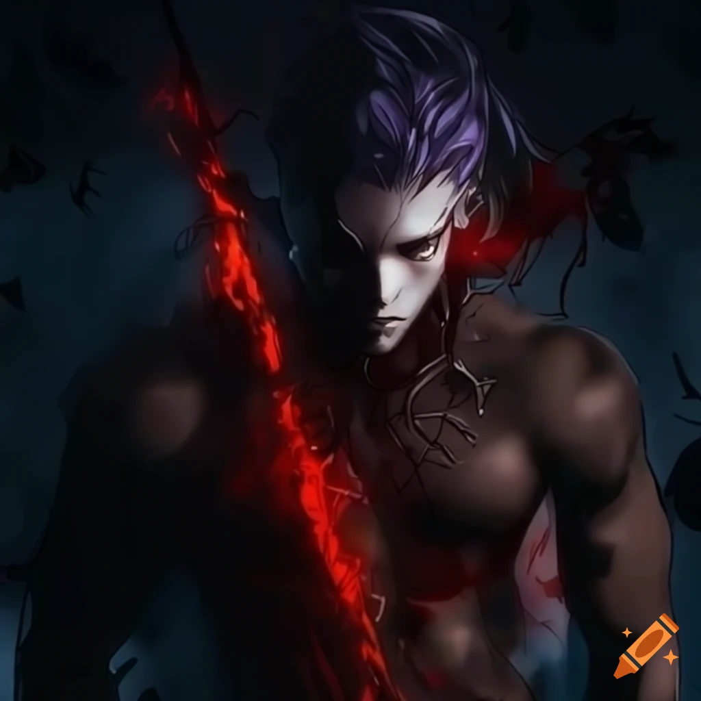 Dark-themed anime warrior character