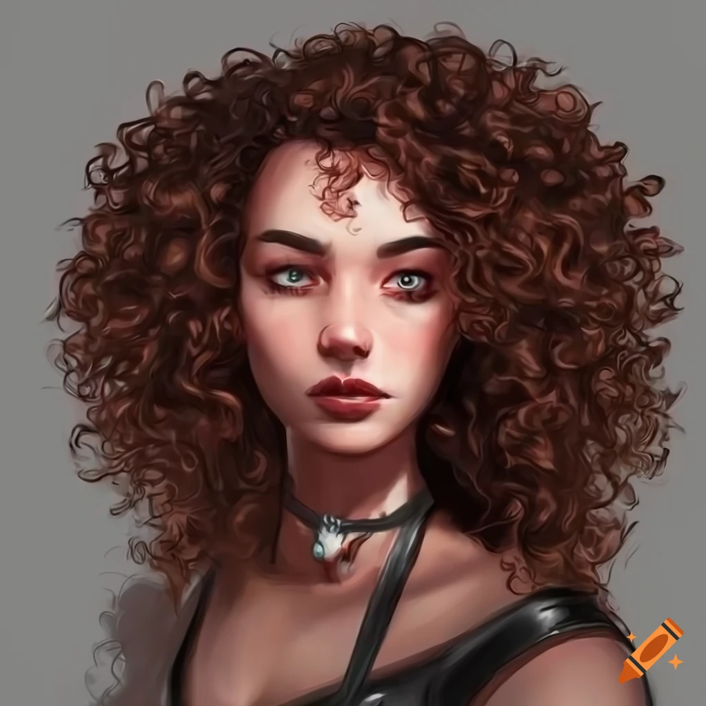 digital art of a woman with curly hair in leather outfit