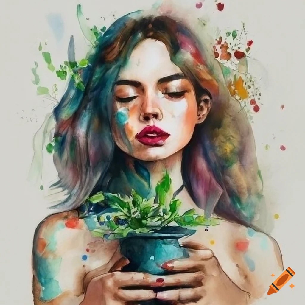 realistic watercolor of a woman holding a flower pot