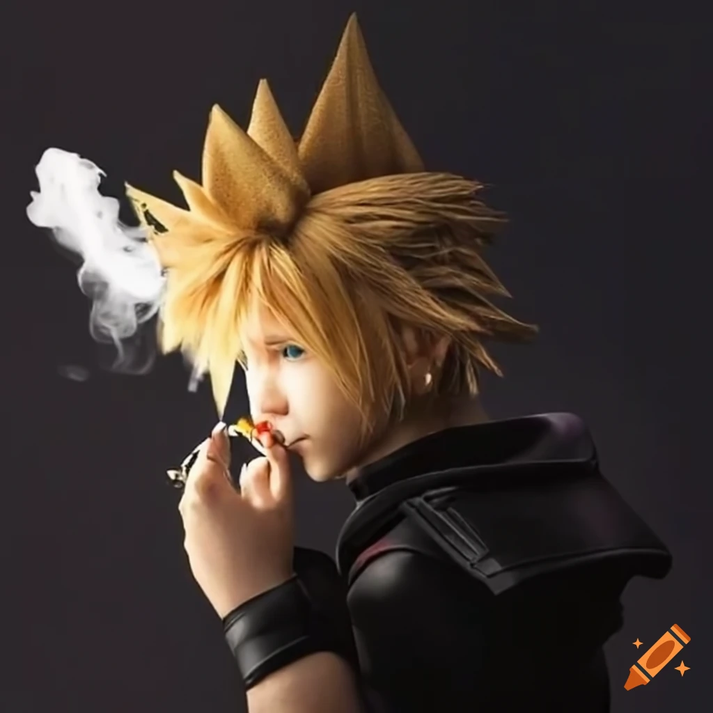 Cloud strife smoking in a video game scene