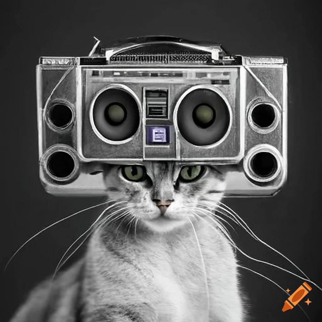 Cat holding a boombox over its head on Craiyon