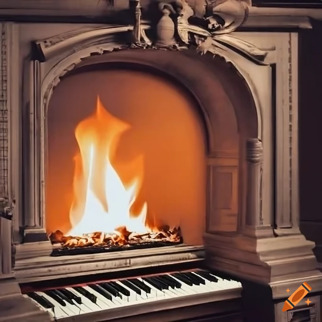 piano in front of a fireplace with fire