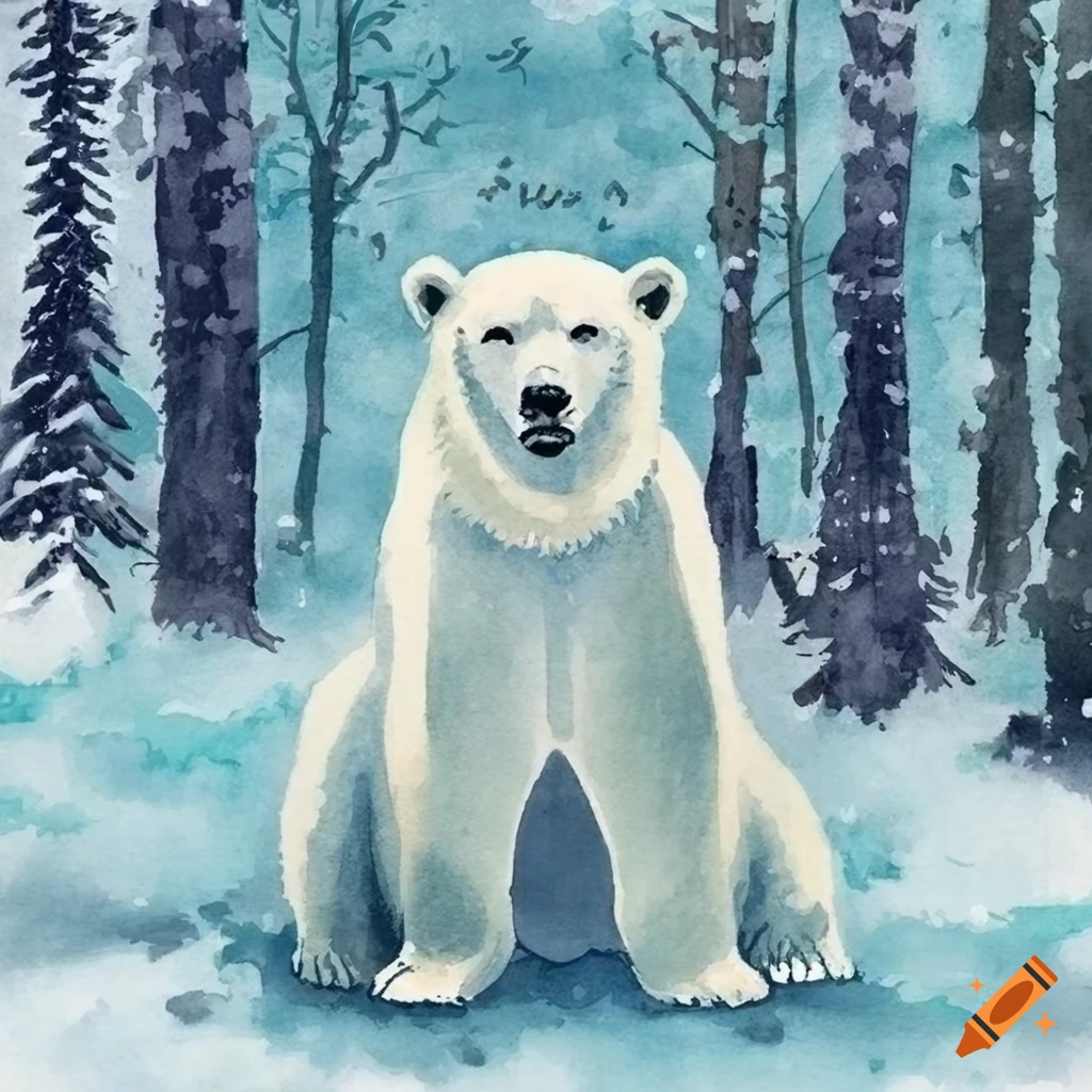Watercolor painting of a polar bear in snowy forest on Craiyon