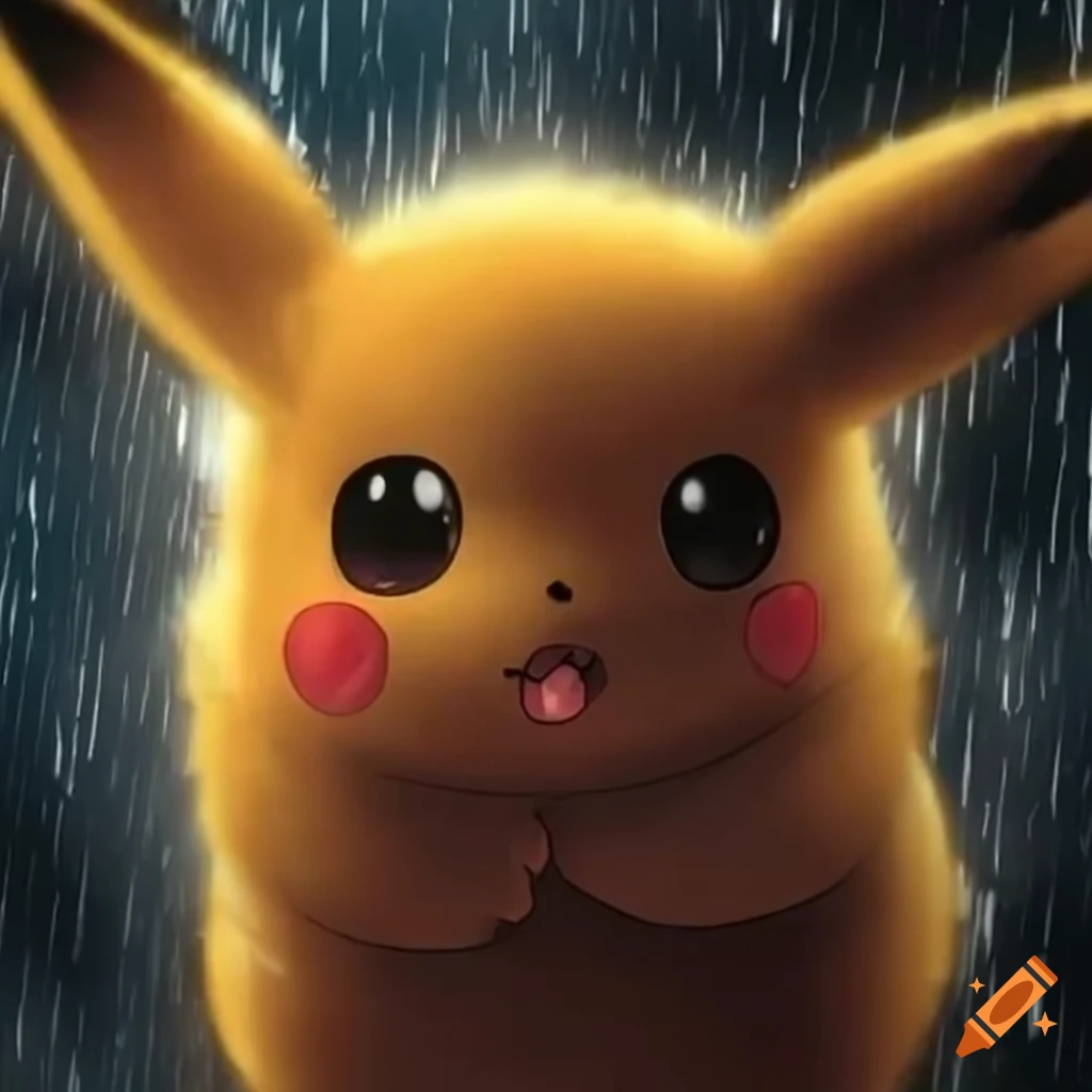Pikachu and Eevee standing in the rain
