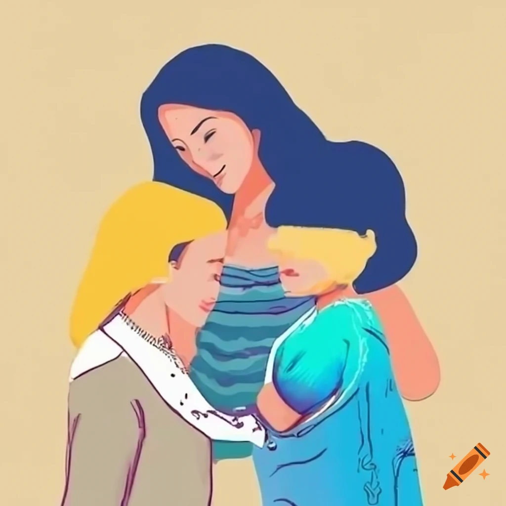 Young mother holding a cute baby in her arms, Sketch with a line in color,  Vector illustration of a mother holding her little daughter in her arms,  Happy Mother's Day greeting card.