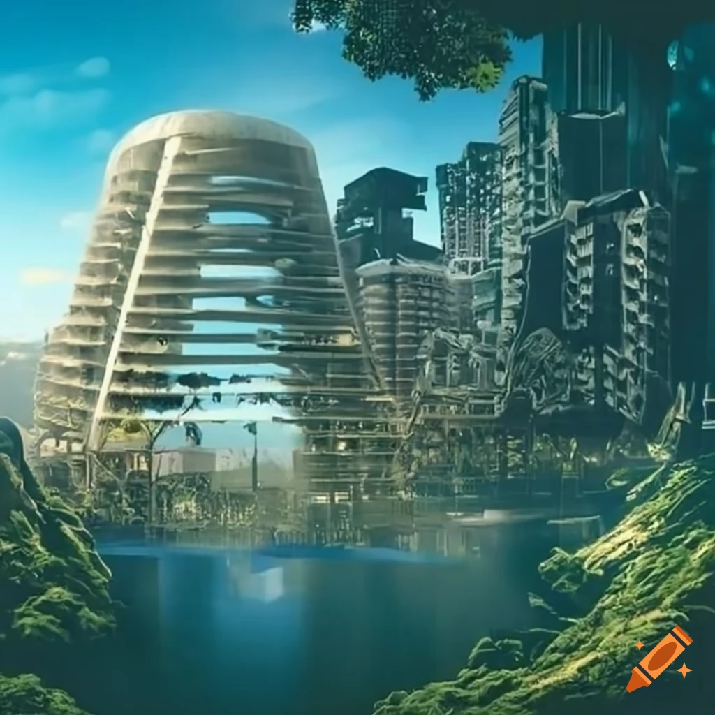 Parisian solarpunk city built on the mountainous slopes of ilhabela. the  meta-modern indian architecture of the city mingles with the lush tropical  greenery to form a city on ilhabela of vibrant parks