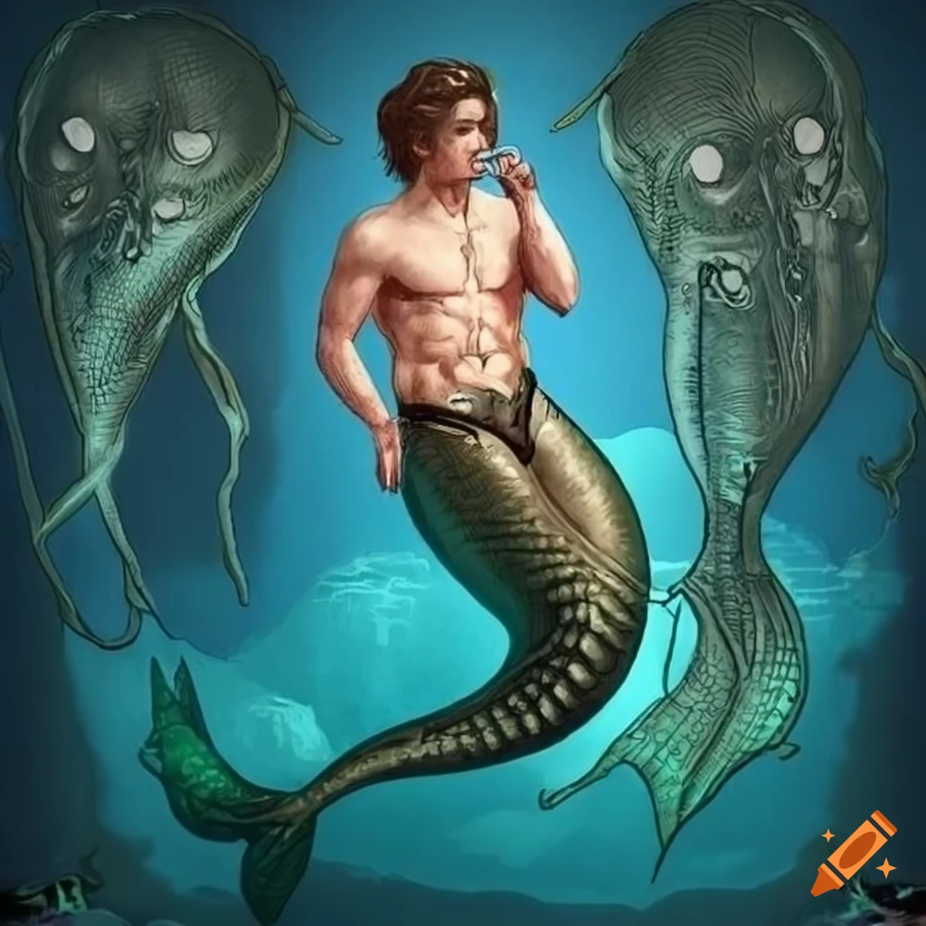 detailed etching of a merman named Steve Harrington
