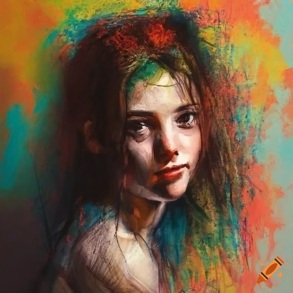 Pintura de una mujer triste con tonos muy cálidos on Craiyon