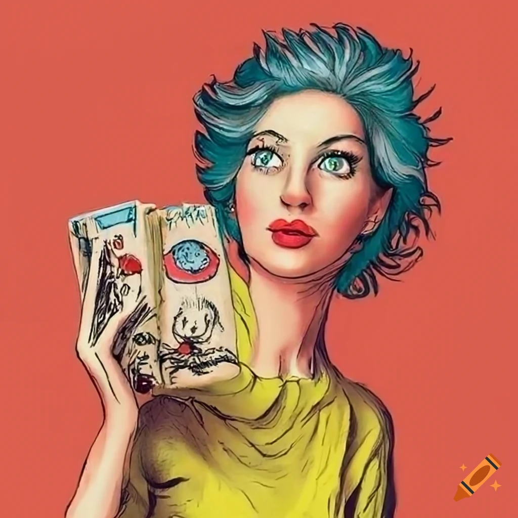 Colorful Humorous Book Illustration Of A Woman At A Shop Counter colorful-humorous-book-illustration-of-a-woman-at-a-shop-counter