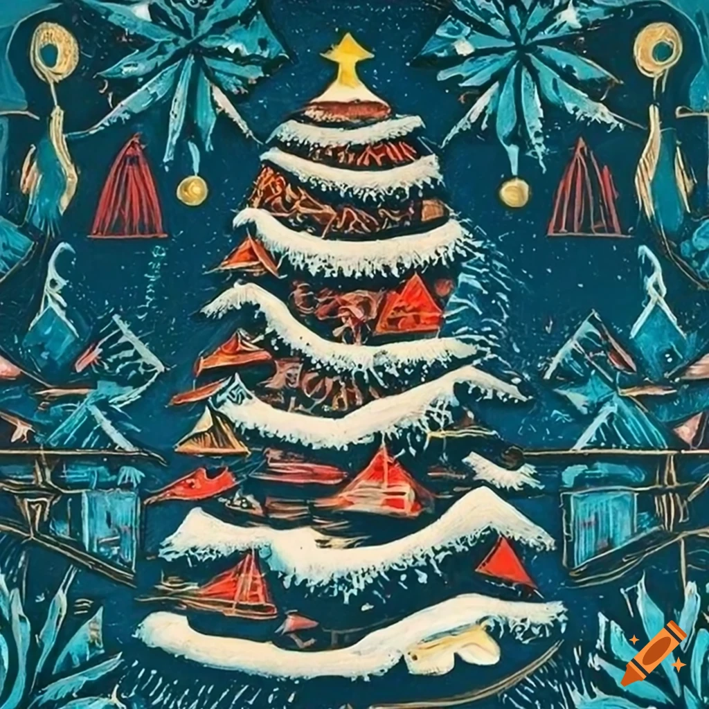 Color linocut of a decorated christmas tree in a winter wonderland on ...