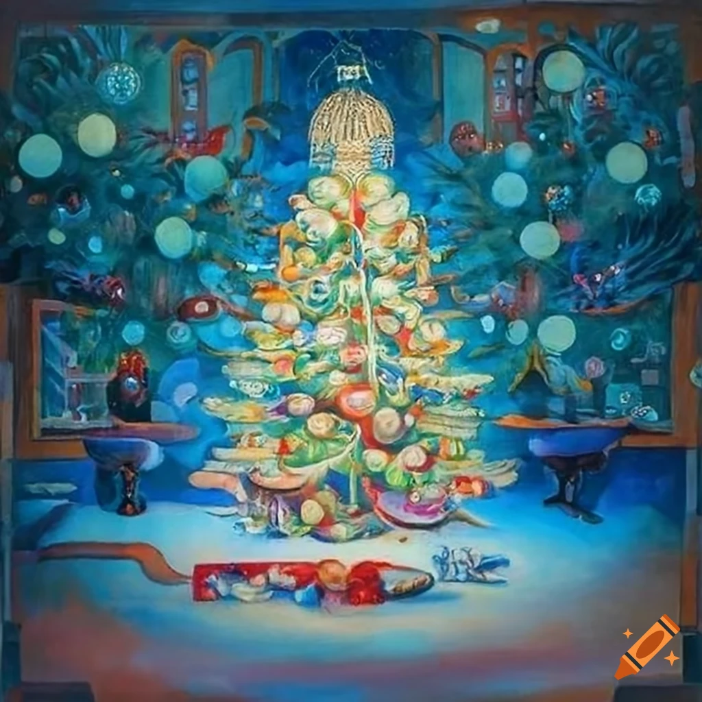 color serigraph of a beautifully decorated Christmas tree in a winter wonderland