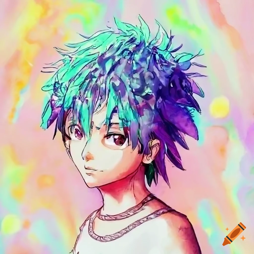 watercolor painting with cell shaded anime characters