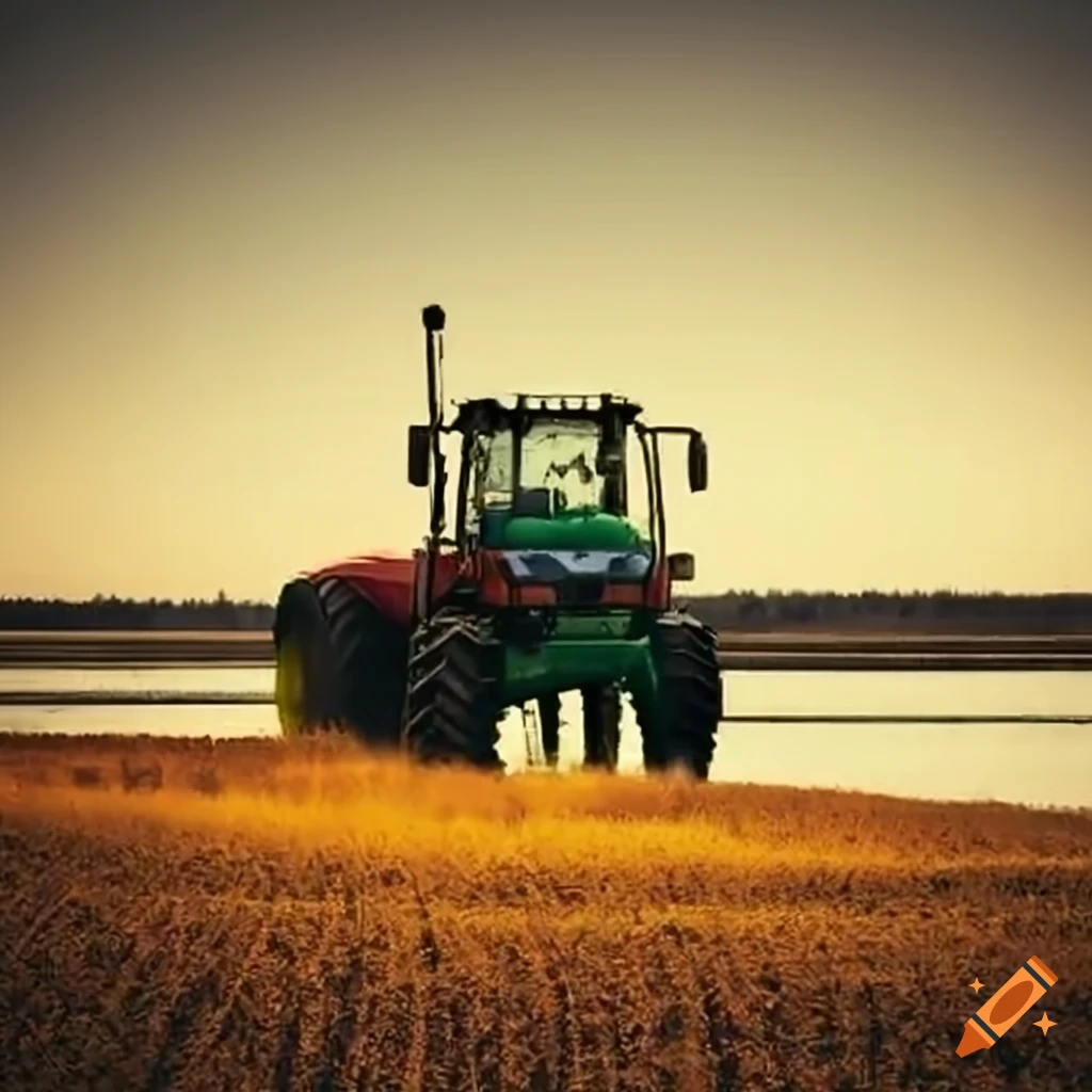 tractor plowing a field near a river