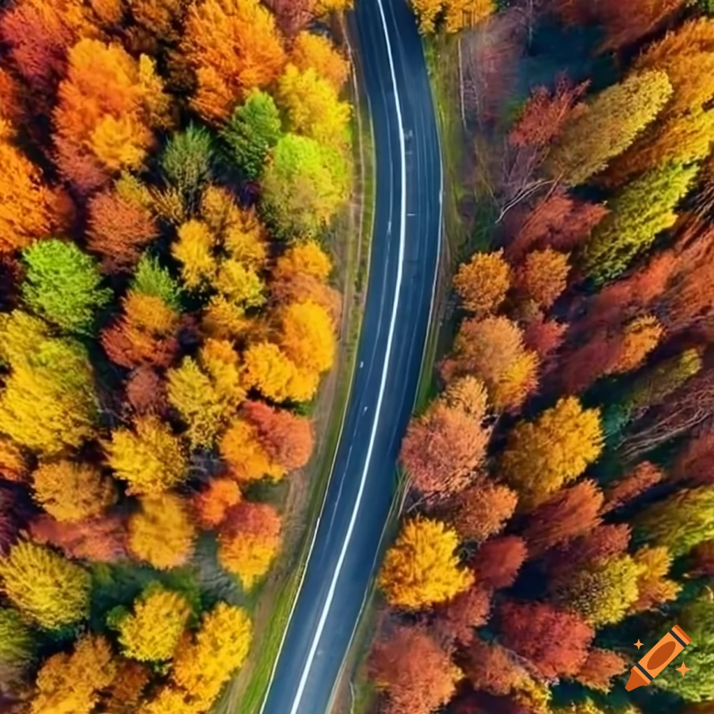 Aerial view of autumn forest with a road on Craiyon