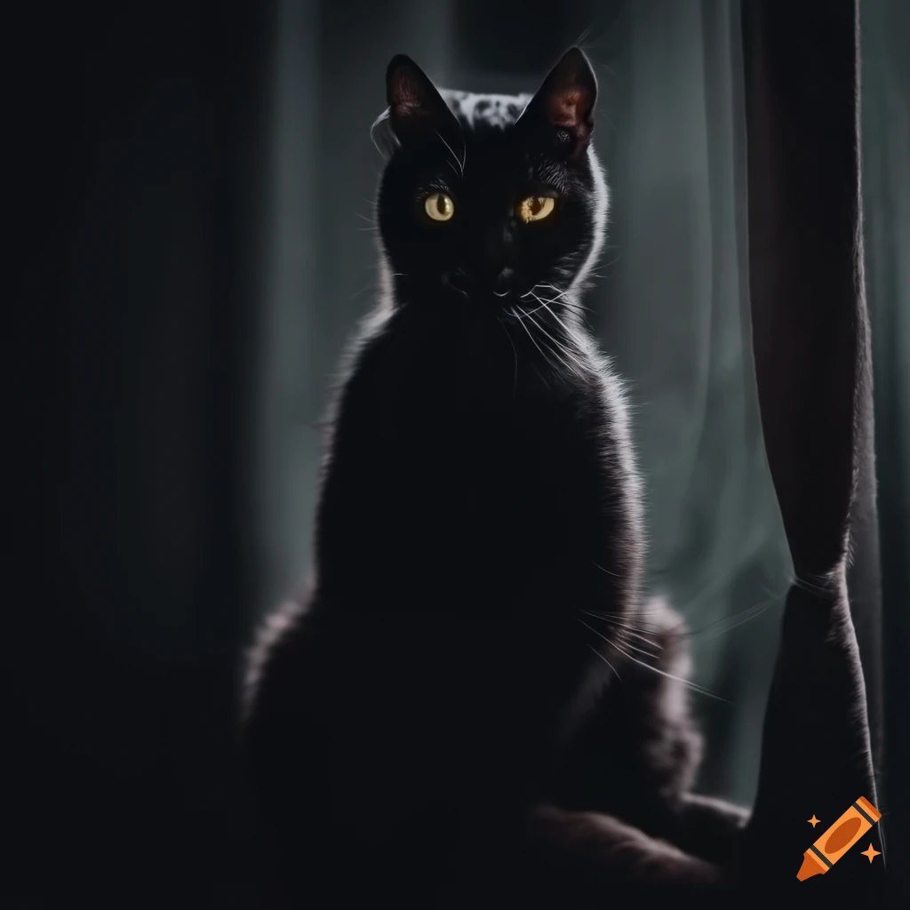 image of a black cat with golden eyes peering through a curtain