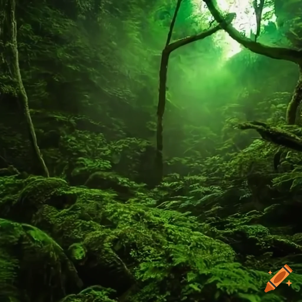 Glowing orb in a dense rainforest