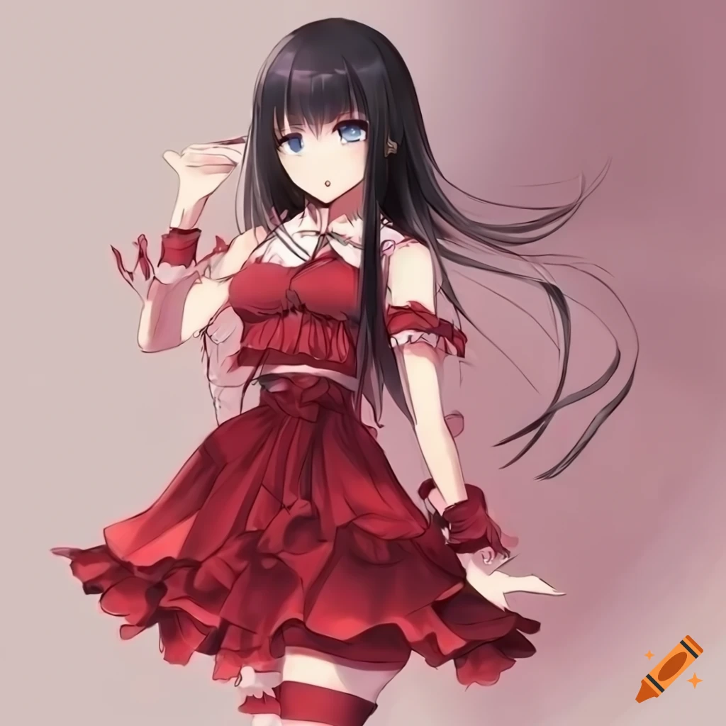 Anime Girl With Black Hair Blue Eyes Red Outfit And Pink Socks