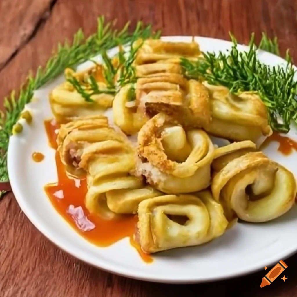 gourmet dish of hopped wedge noodles with fried donuts