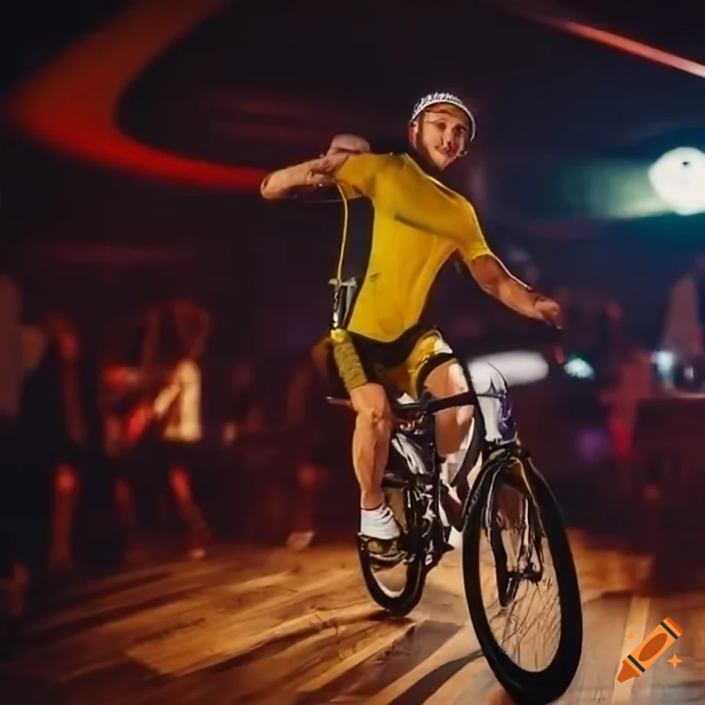 Man cycling with a beer in a dancefloor on Craiyon
