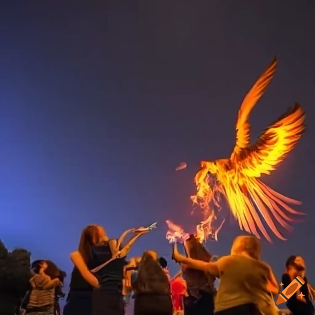 Nighttime with people dancing around a fire and a flying phoenix on Craiyon