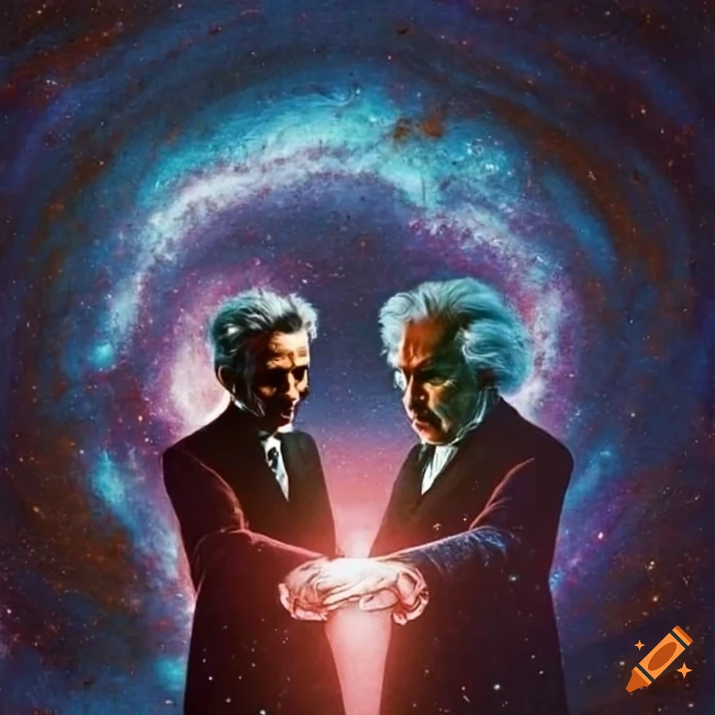 Nikola tesla and einstein with electricity and galaxy in their hands