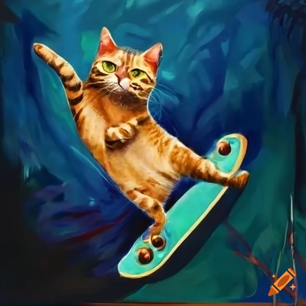 Artistic painting of a cat skateboarding on Craiyon