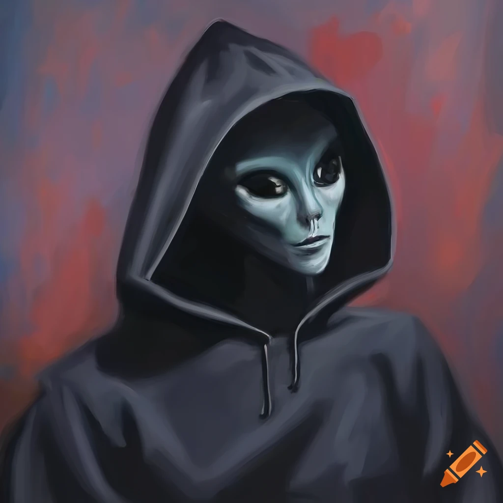 Black and white oil painting of a stylish alien in a hoodie