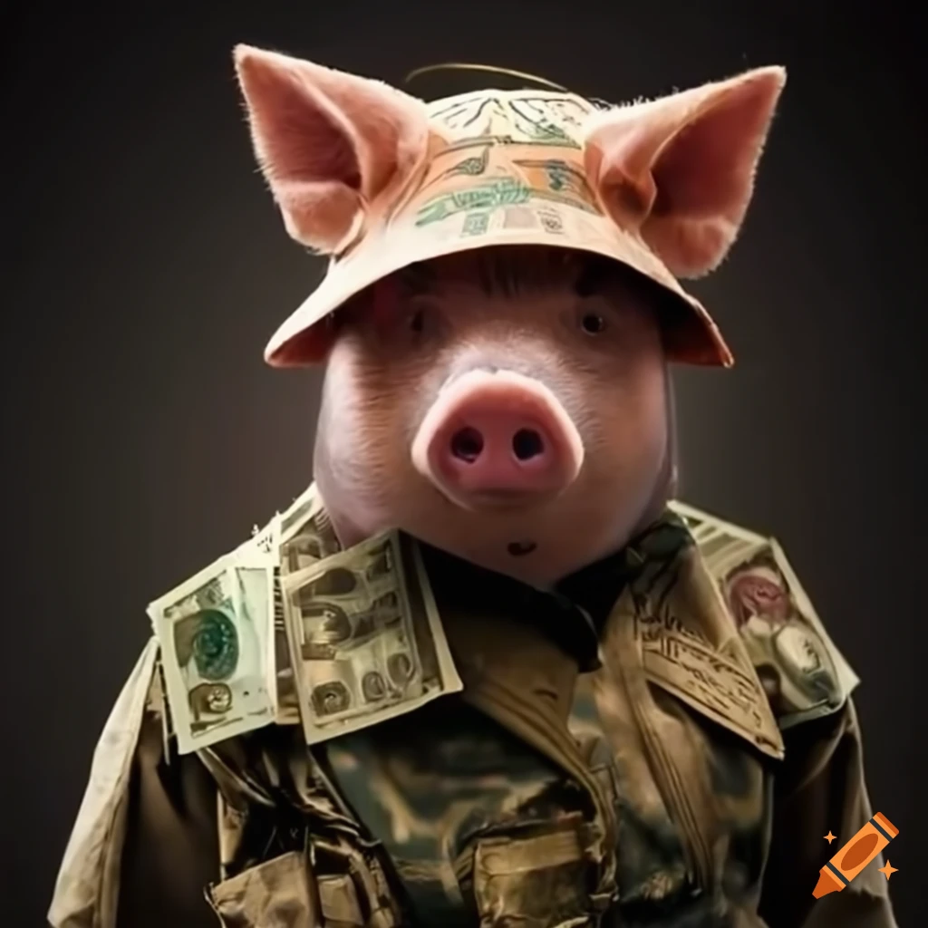 satirical image of a pig in military uniform with cash