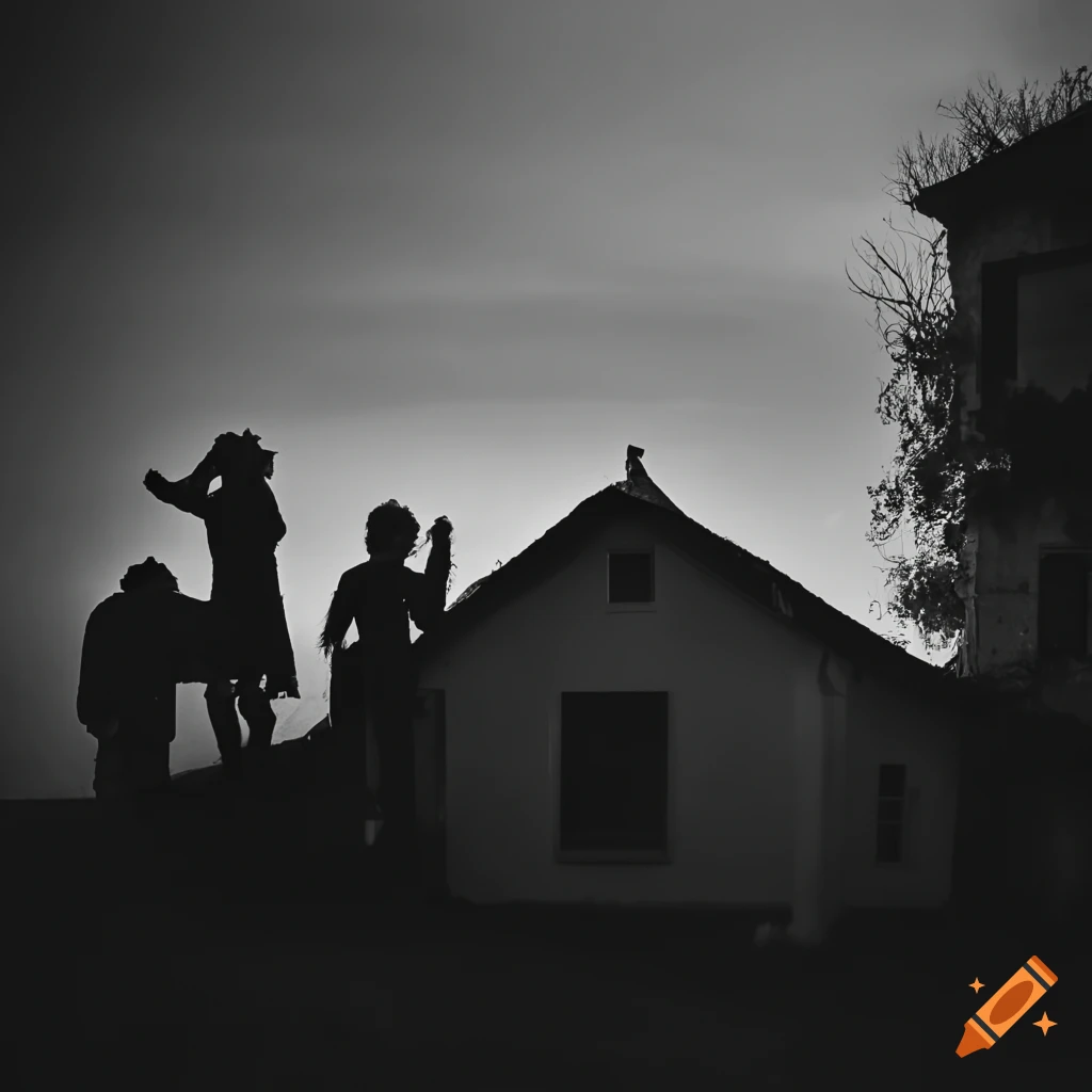 fotografía en blanco y negro de una casa acogedora con una familia sonriente en el porche