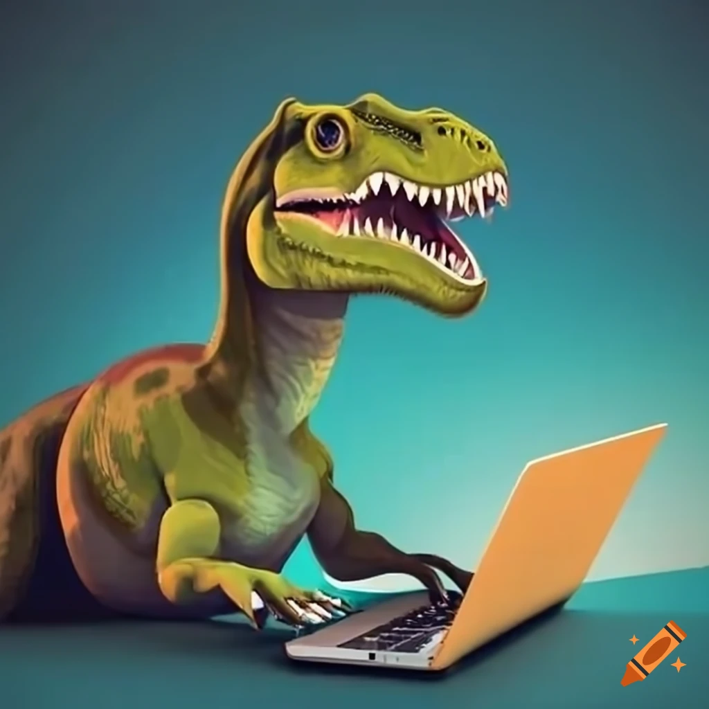 Dinosaur using a laptop on Craiyon