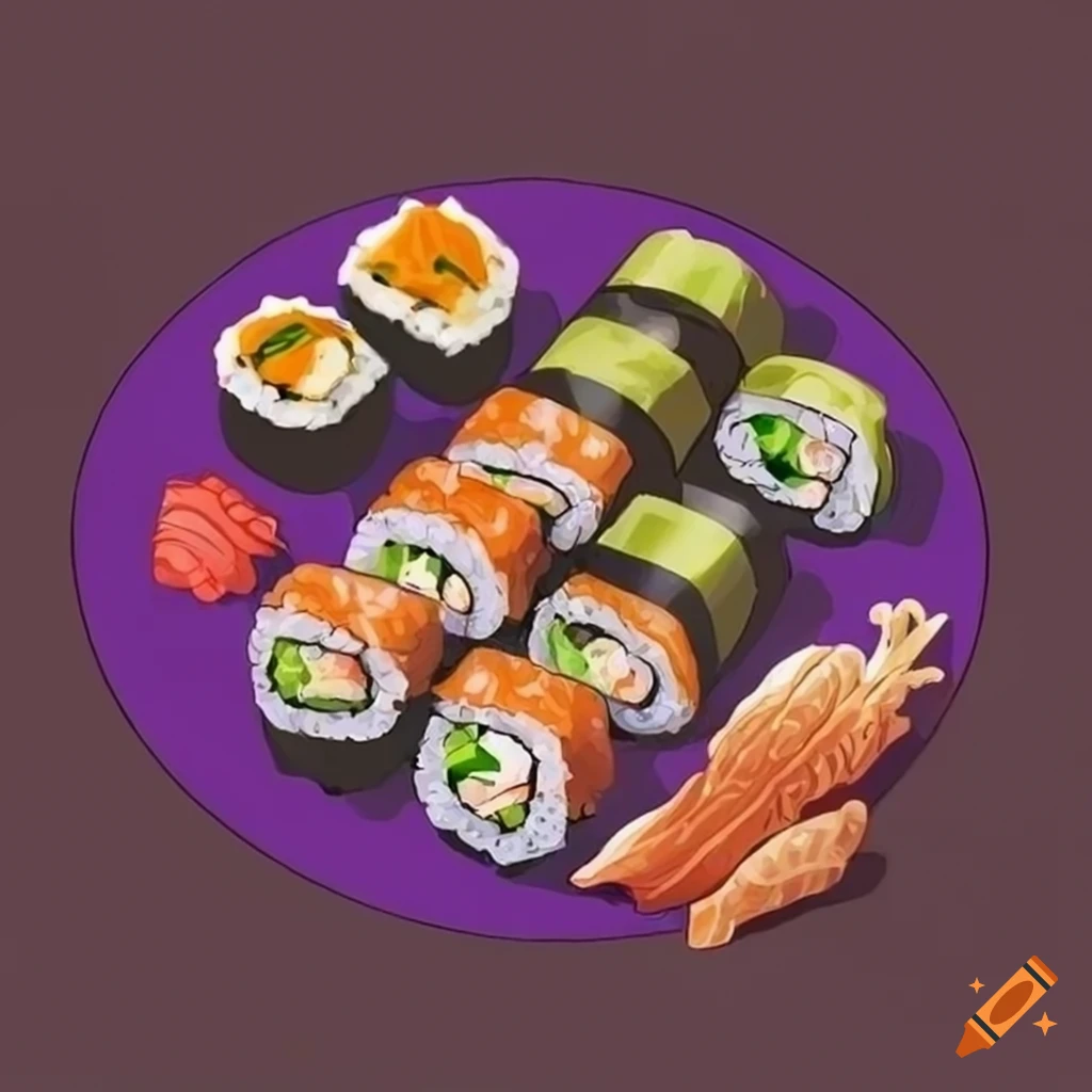 Colorful illustration of various sushi rolls on Craiyon