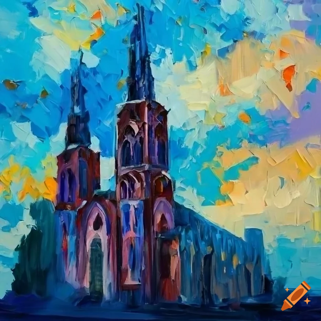 Knife palette painting of a cathedral under a starry night sky on Craiyon