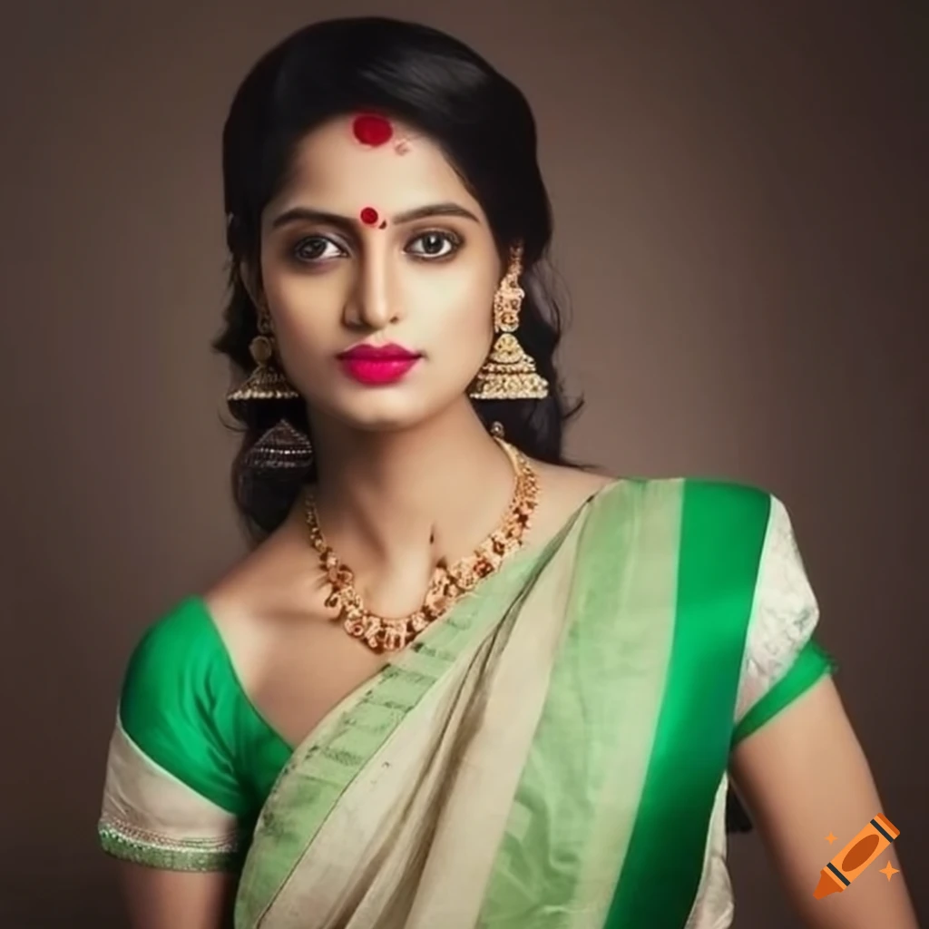 Indian girl in a green blouse and white saree on Craiyon