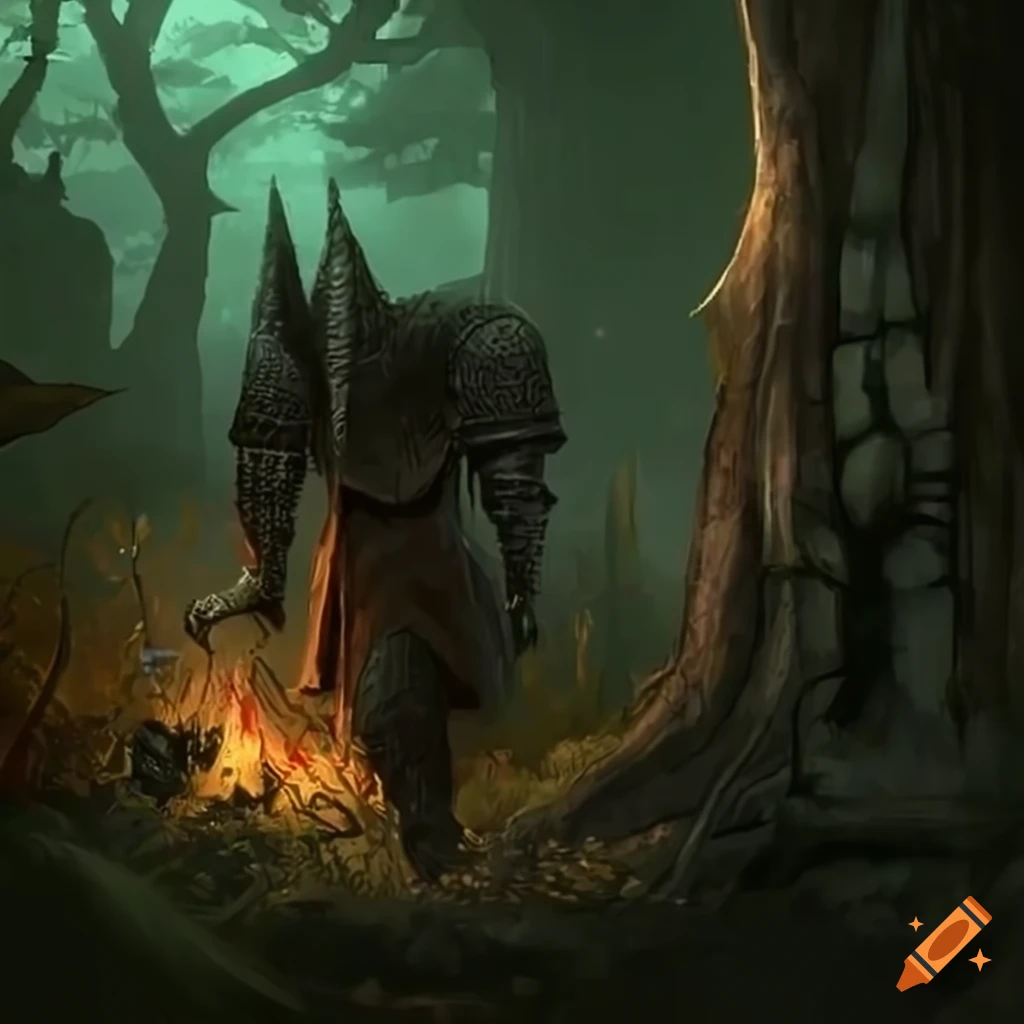Dark fantasy knights in a mysterious forest on Craiyon