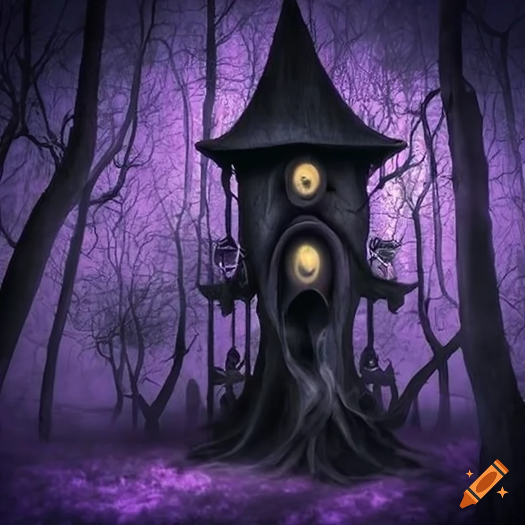 whimsical treehouse with dark purple and black color scheme